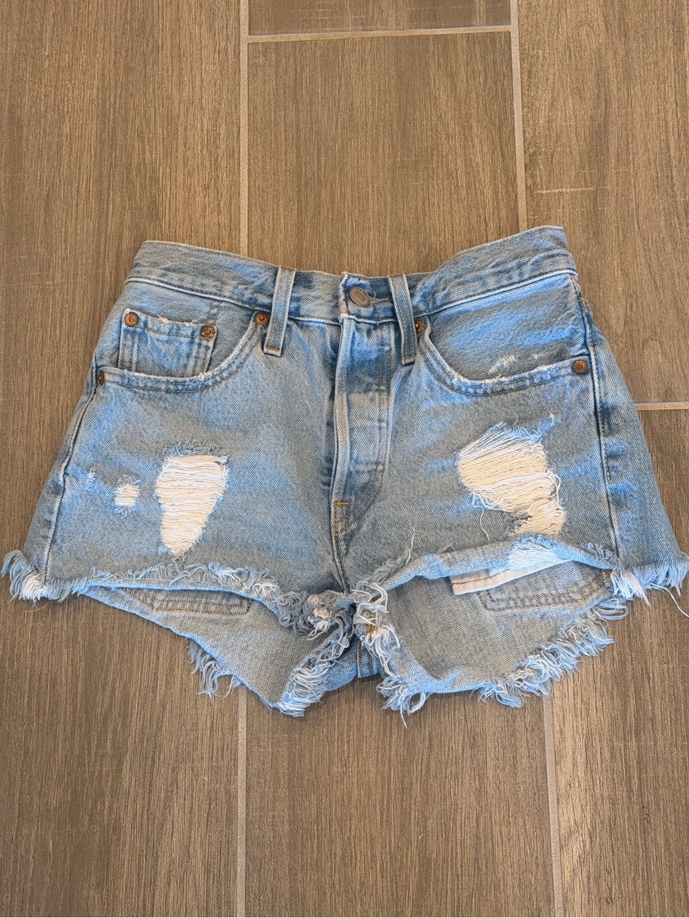 Levi’s Premium 501 High Waisted Distressed Denim Shorts 24